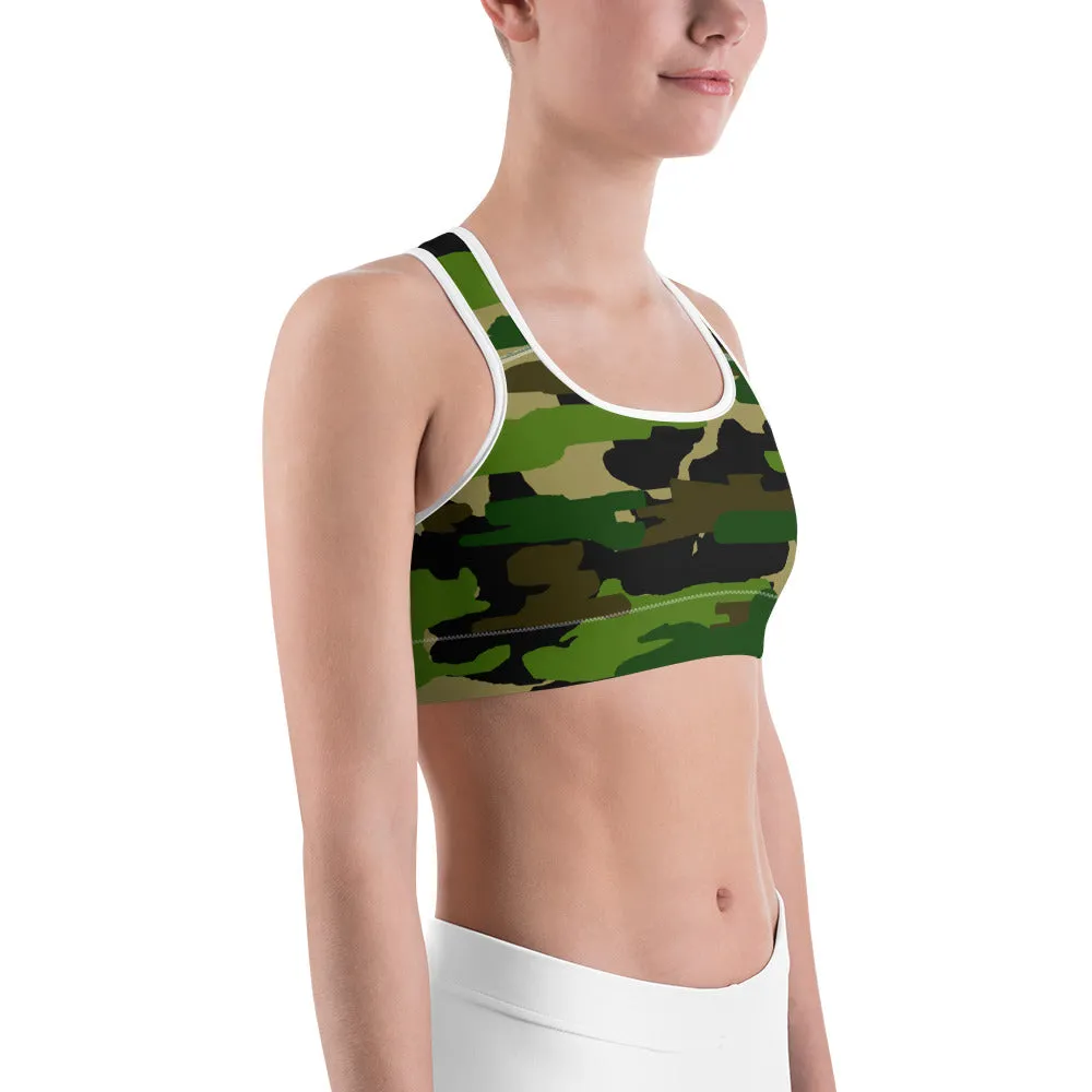 Green Military Sports Bra, Army Camo Print Women's Gym Yoga Bra -Made in USA/ EU
