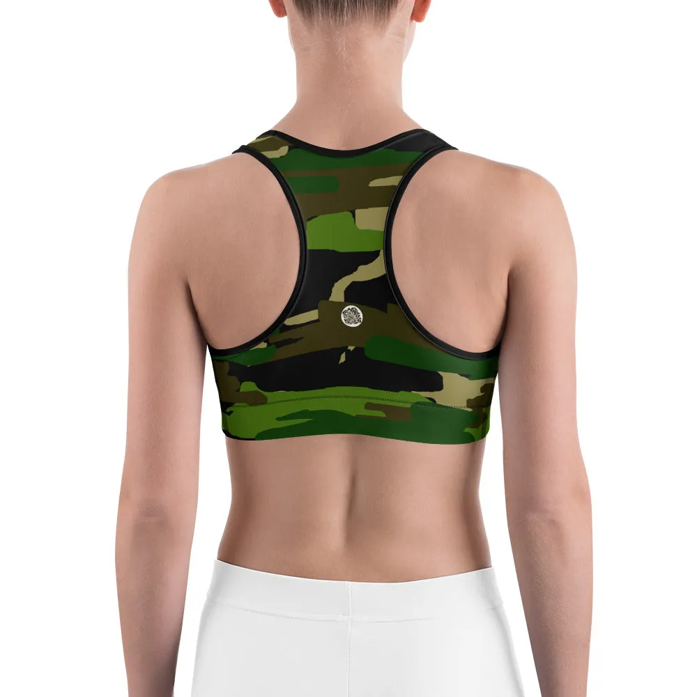 Green Military Sports Bra, Army Camo Print Women's Gym Yoga Bra -Made in USA/ EU