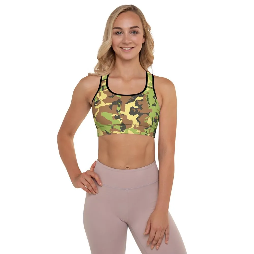 Green Yellow Camo Sports Bra, Army Military Women's Padded Fitness Bra- Made in USA/EU