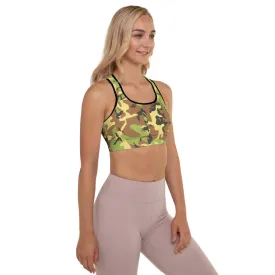Green Yellow Camo Sports Bra, Army Military Women's Padded Fitness Bra- Made in USA/EU