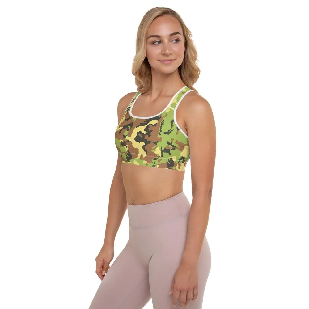 Green Yellow Camo Sports Bra, Army Military Women's Padded Fitness Bra- Made in USA/EU