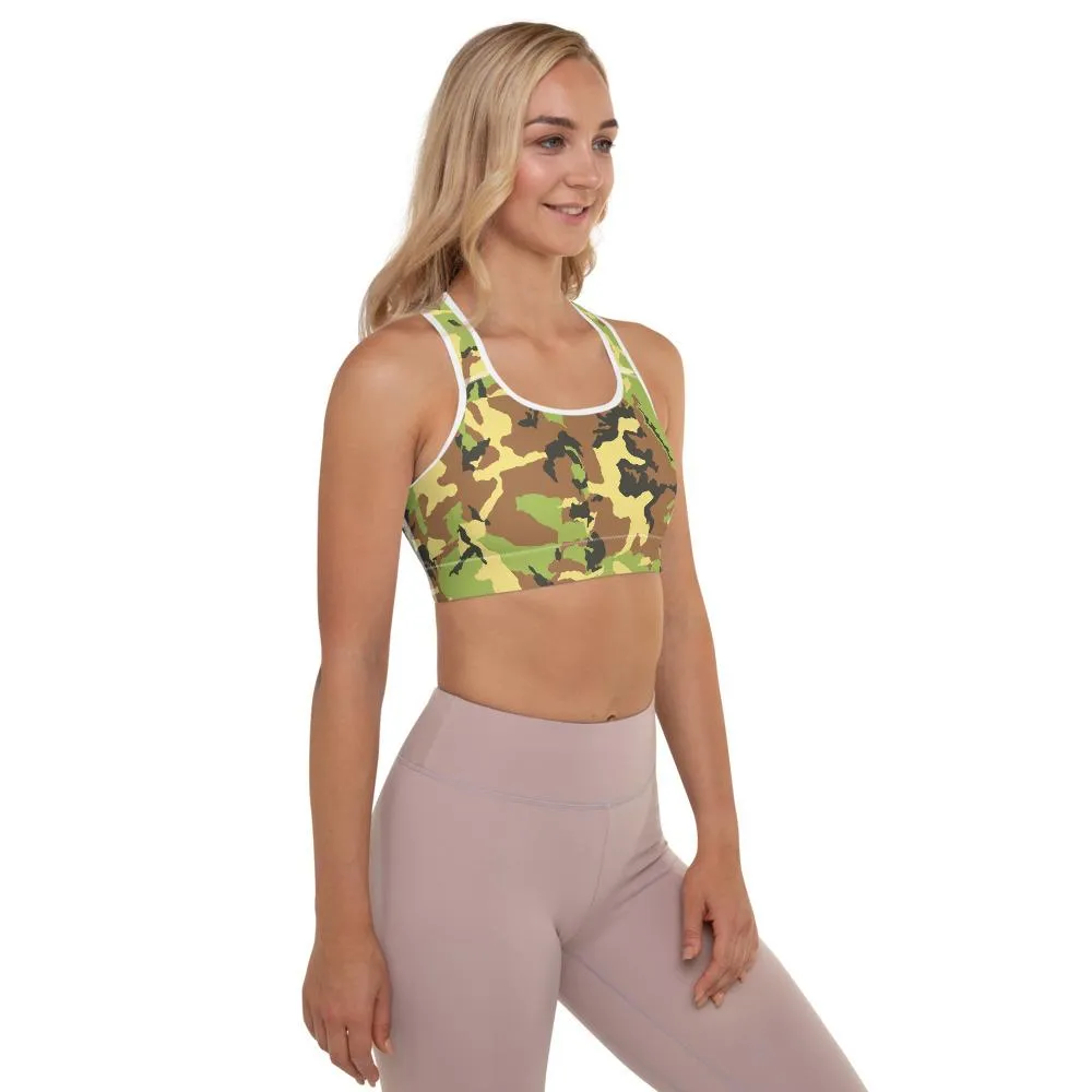 Green Yellow Camo Sports Bra, Army Military Women's Padded Fitness Bra- Made in USA/EU