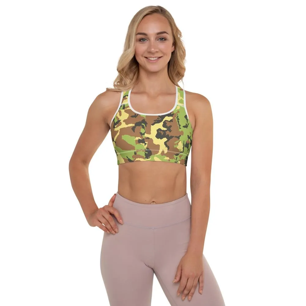 Green Yellow Camo Sports Bra, Army Military Women's Padded Fitness Bra- Made in USA/EU