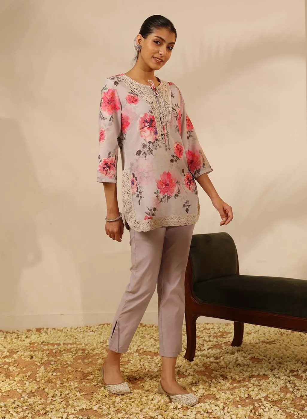 Grey Floral Printed Tunic