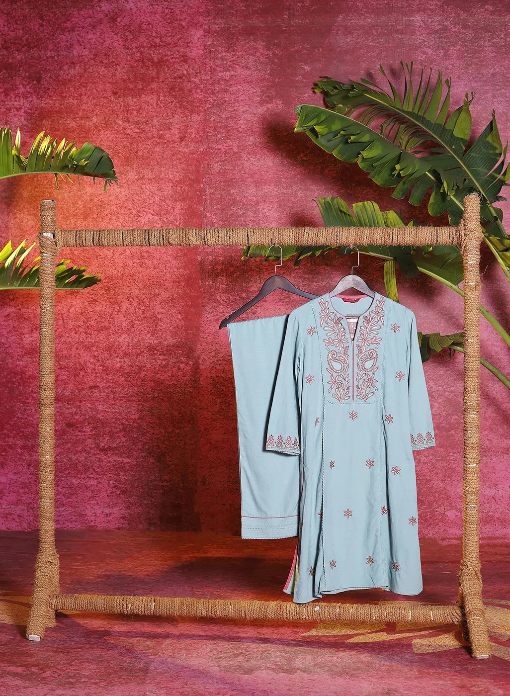 Gulaab Aqua Embroidered Cotton Linen Kurta Set for Women