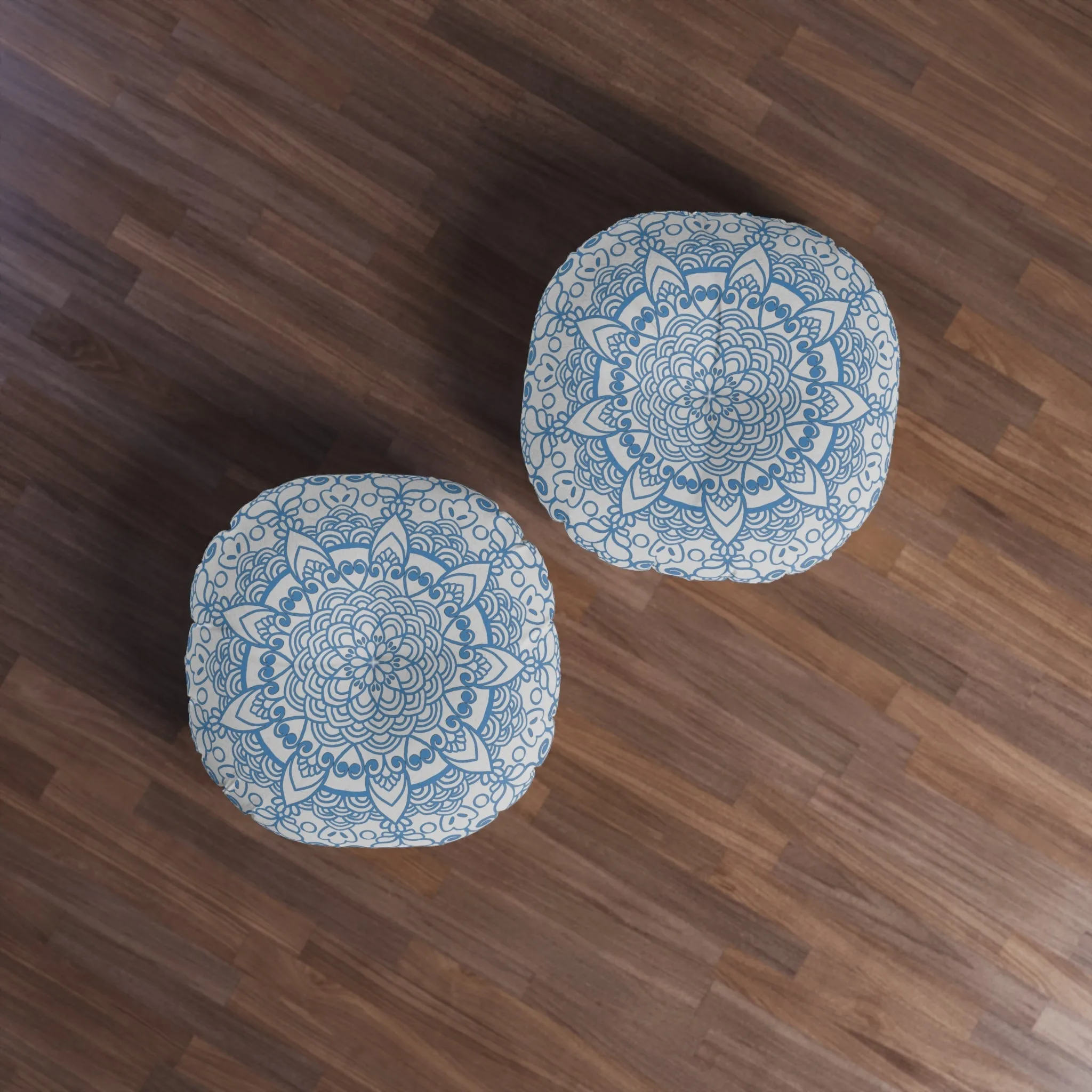 Handmade Mandala Art Steel Blue Tufted Round Floor Cushion
