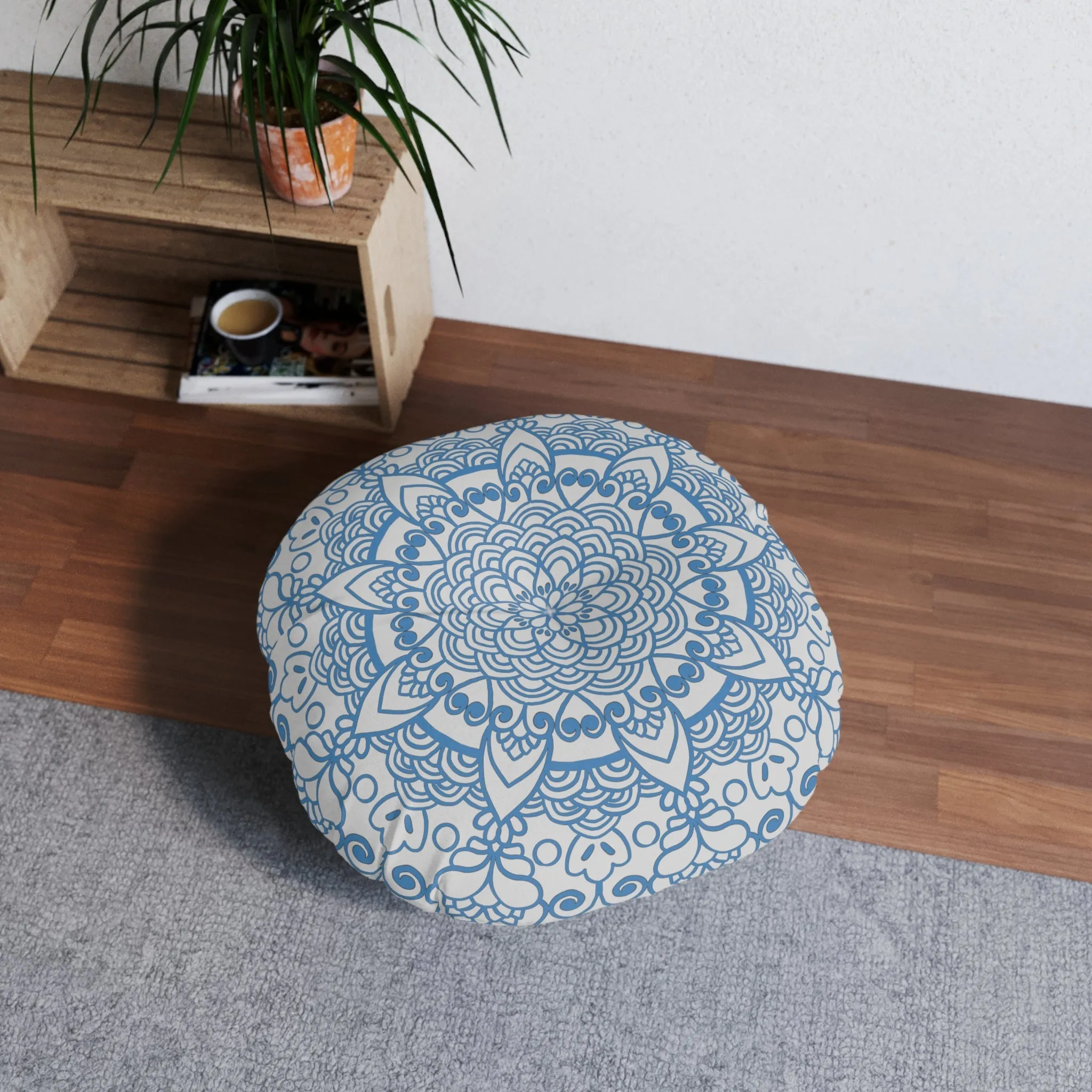 Handmade Mandala Art Steel Blue Tufted Round Floor Cushion