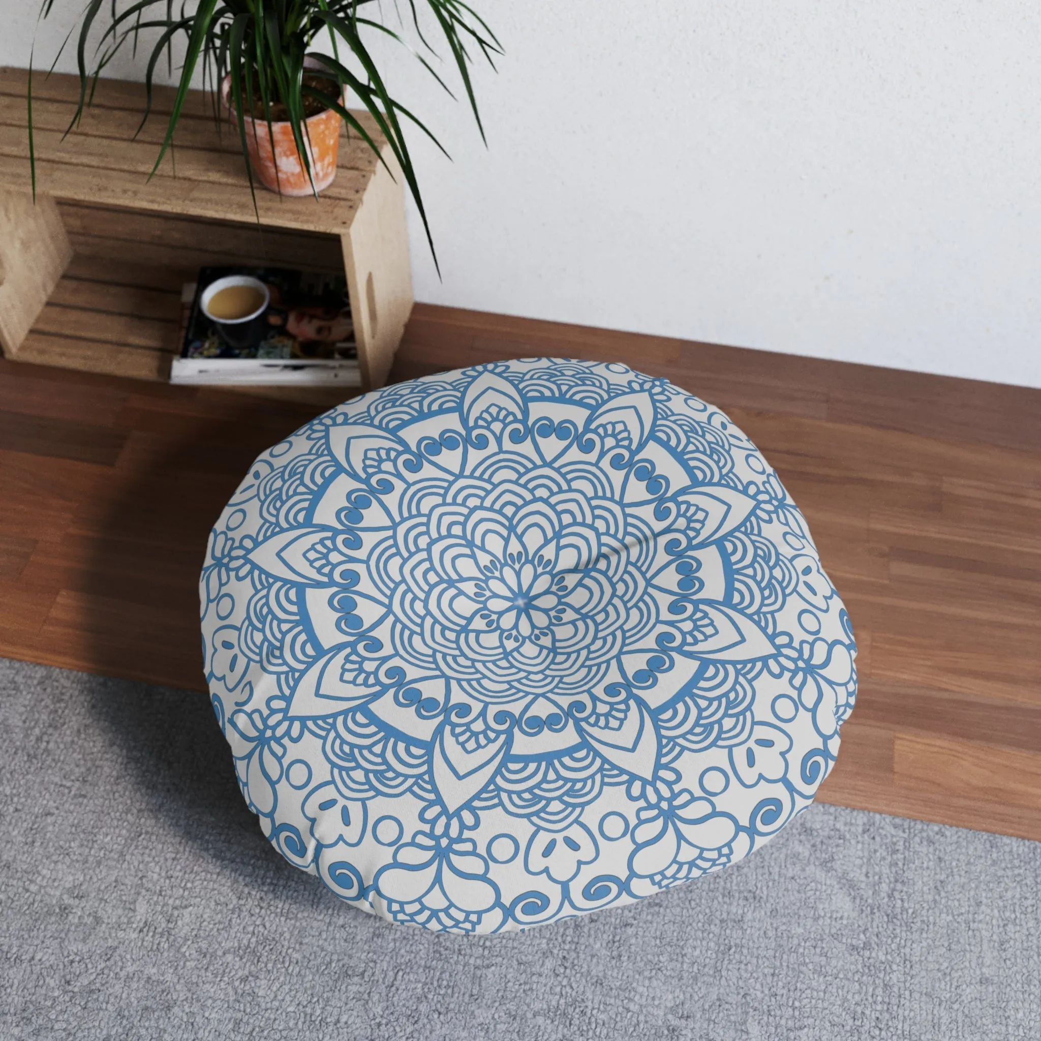 Handmade Mandala Art Steel Blue Tufted Round Floor Cushion