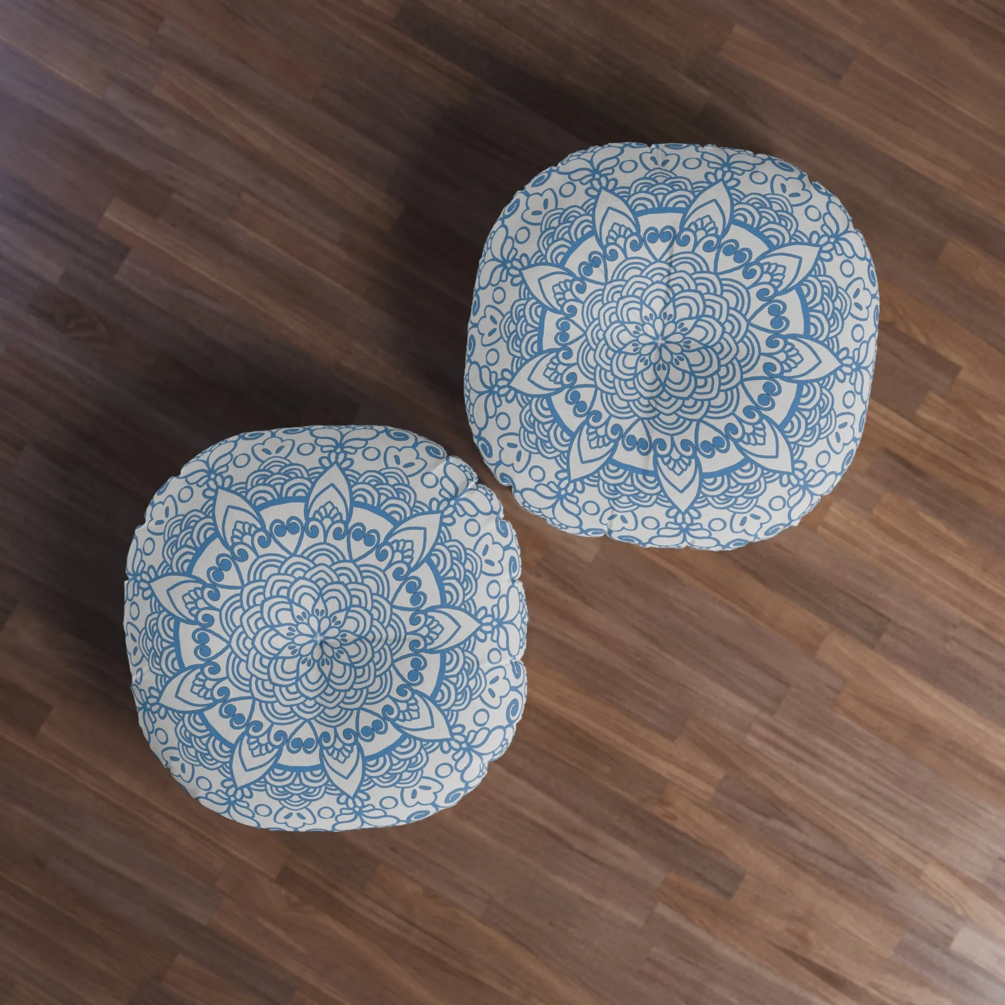 Handmade Mandala Art Steel Blue Tufted Round Floor Cushion
