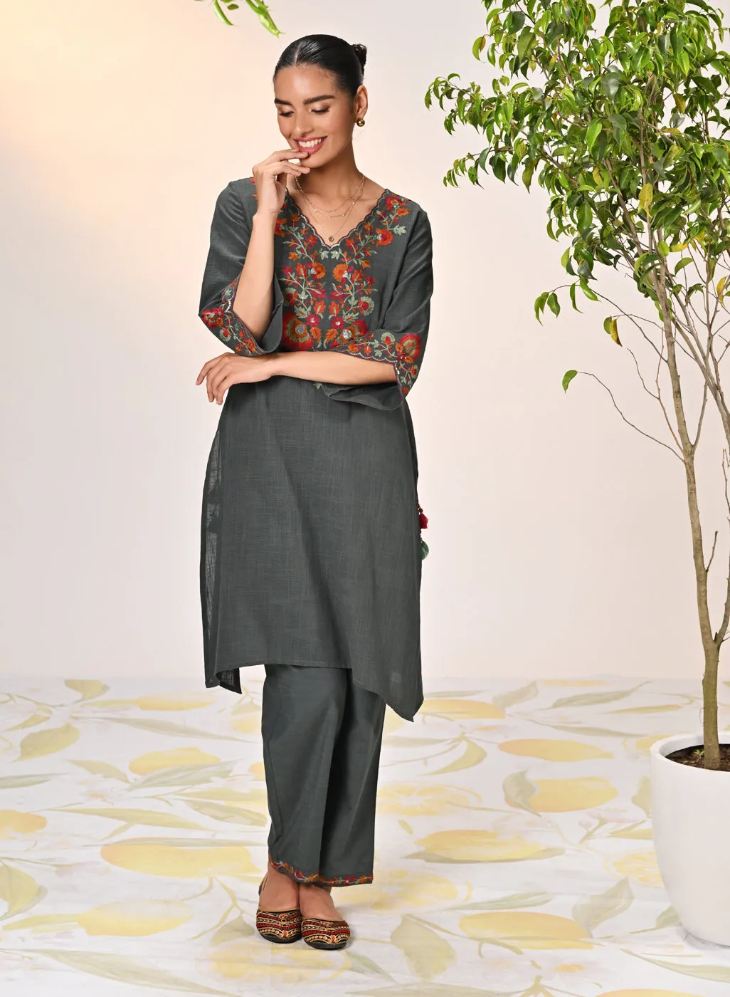 Kamali Iron Grey Embroidered Cotton Linen Slub Designer Kurta Set for Women