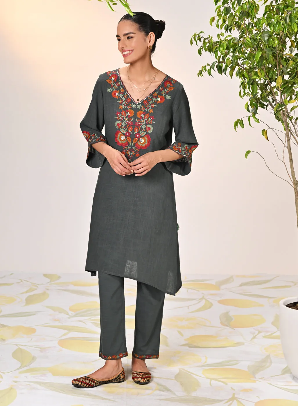 Kamali Iron Grey Embroidered Cotton Linen Slub Designer Kurta Set for Women