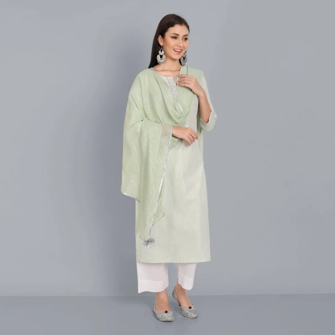 Light Green Lurex Straight Kurta with Dupatta - Set of 3