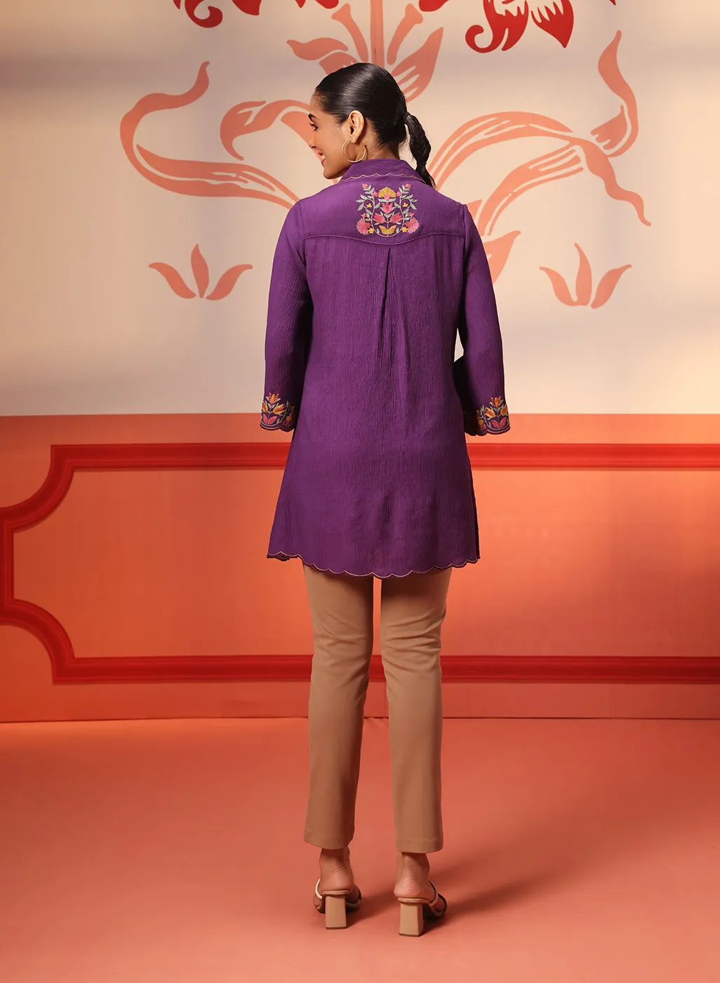 Malika Purple Embroidered Crinkled Crepe Long Shirt for Women