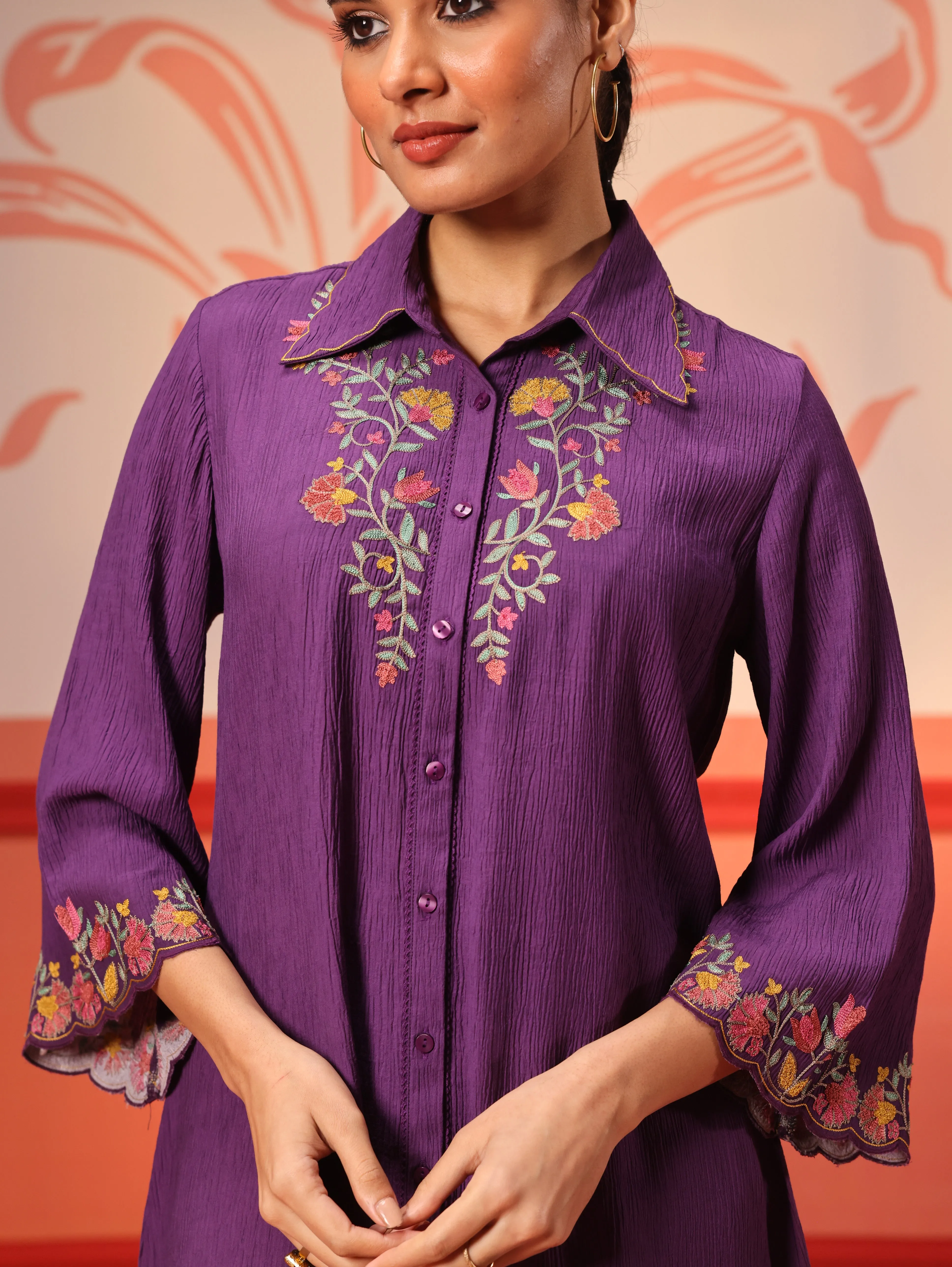 Malika Purple Embroidered Crinkled Crepe Long Shirt for Women