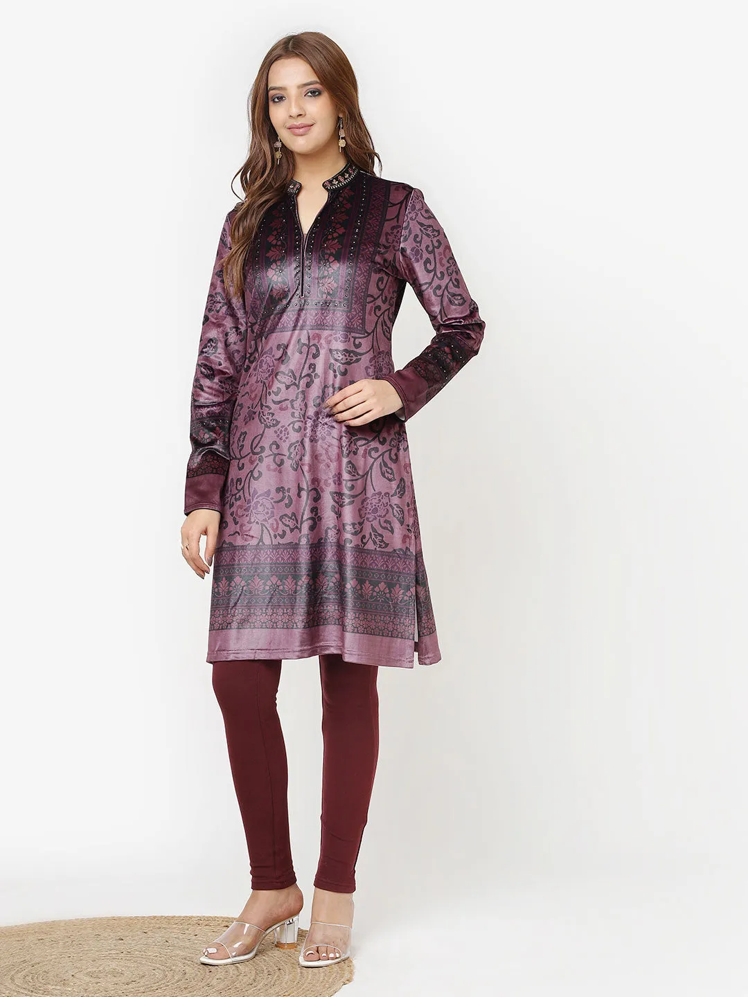 Maroon Printed Velvet Straight Kurta with Neck Embellishment
