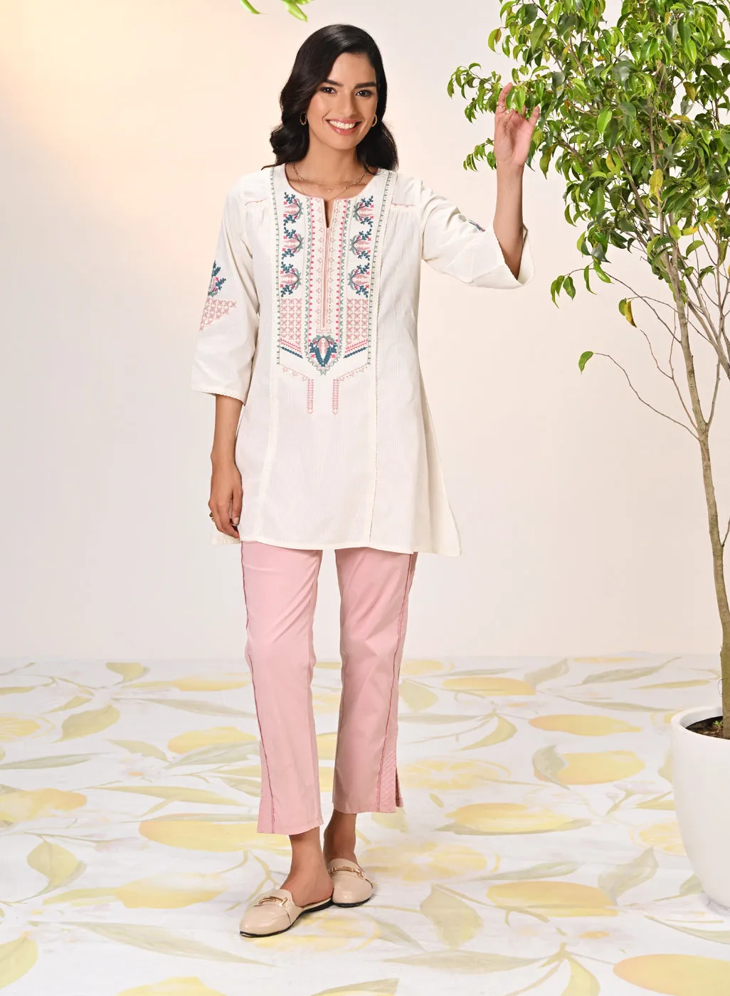 Naaznin Ivory Embroidered Striped Cotton Top for Women