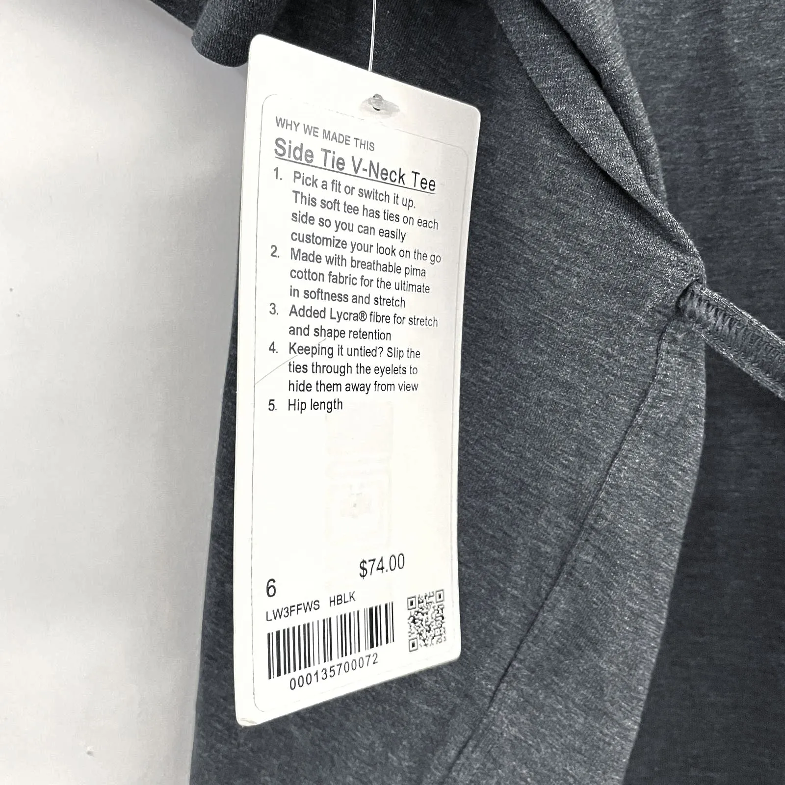 NWT Wmns Lululemon Gray Heather Side Back Tie V-Neck Loose Fit Tee Shirt Sz 6
