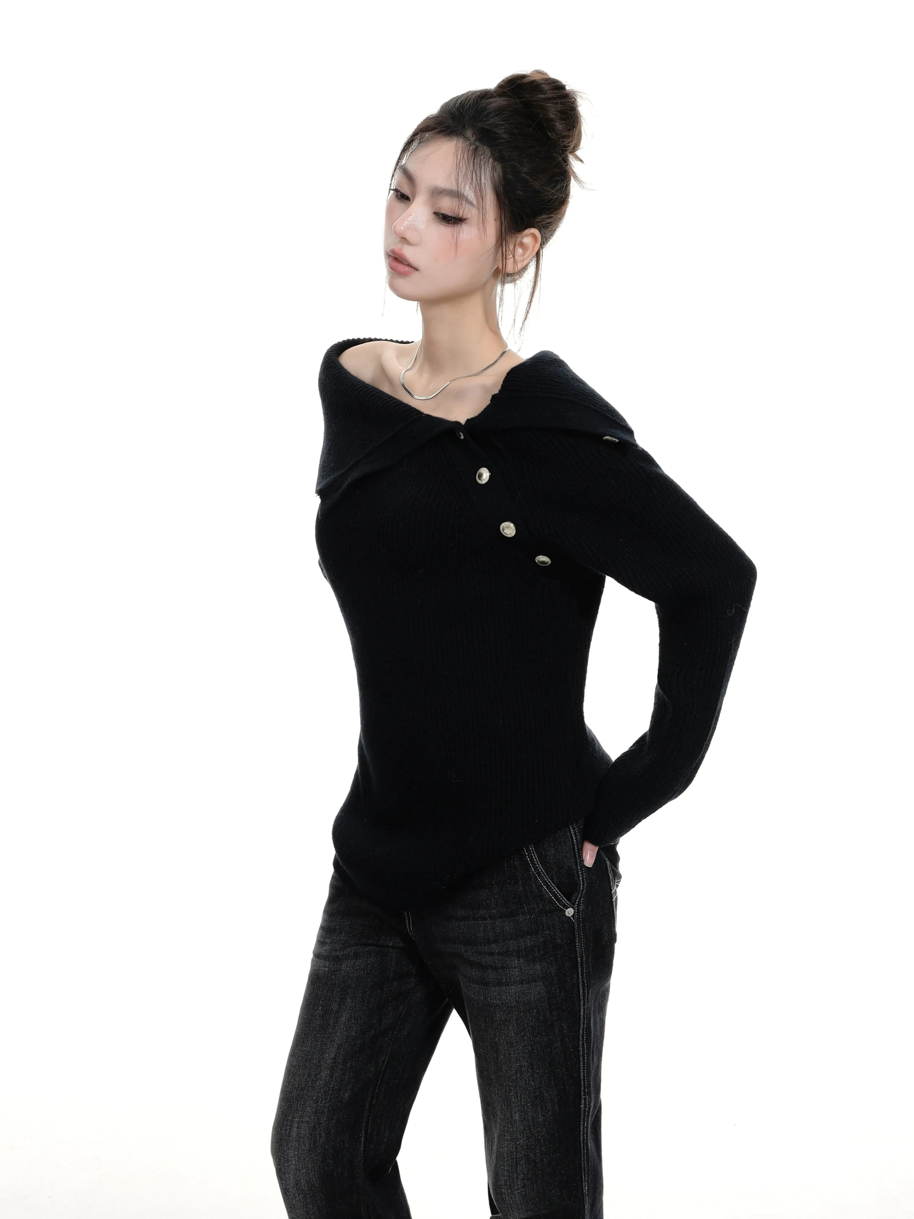 Off-Shoulder Buttoned Knit Sweater Top