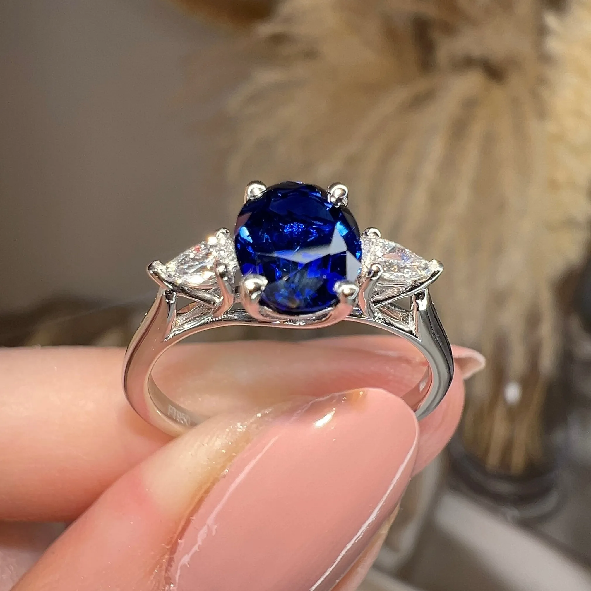 "Gwen" Trilogy 2 Carat Oval Cut Blue Sapphire Pear Shoulders Platinum Engagement Ring
