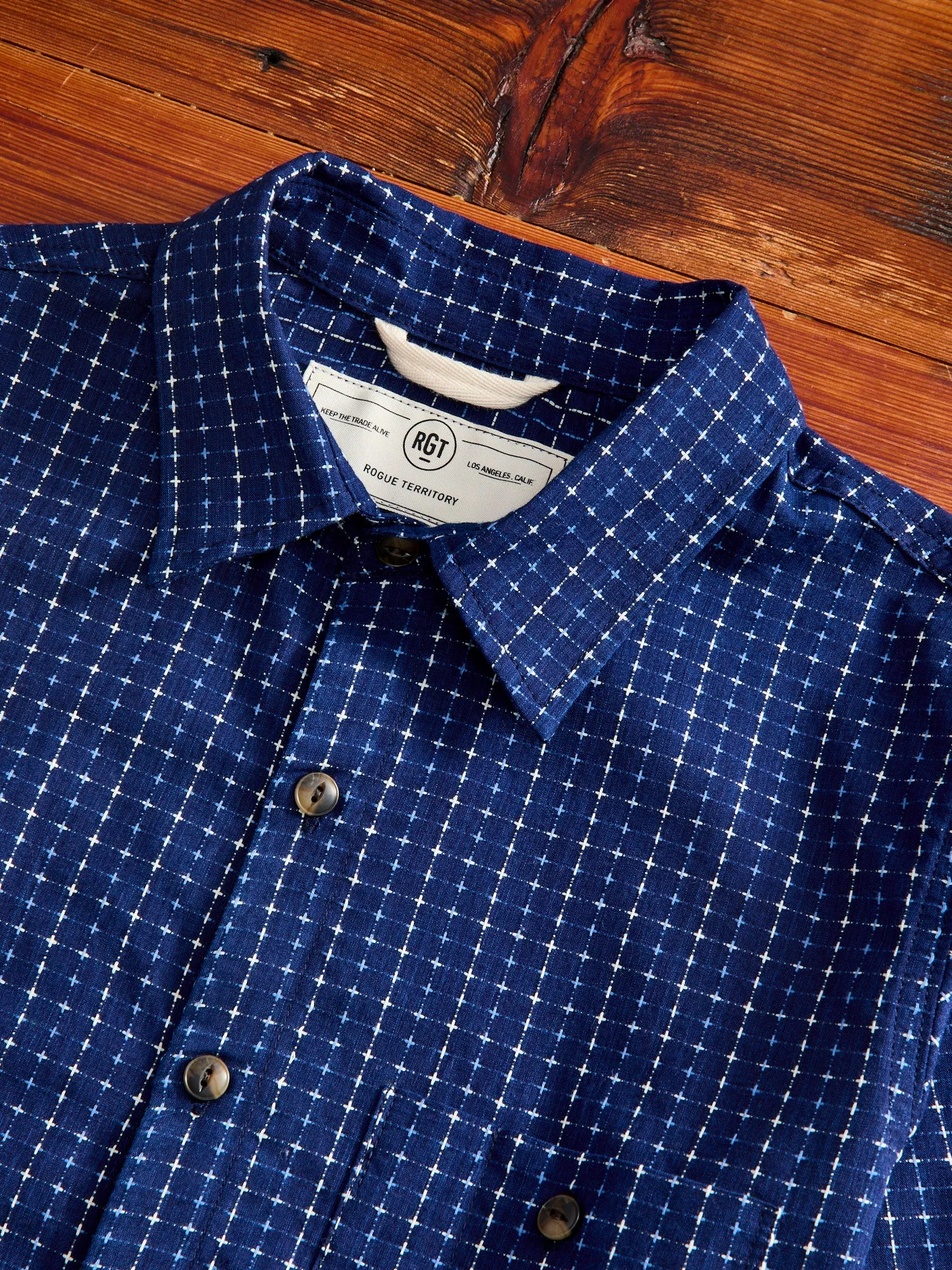 "Sashiko Grid" Oxford Shirt in Indigo