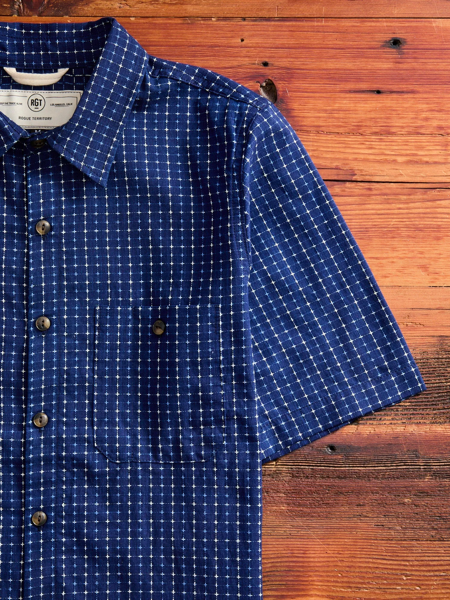 "Sashiko Grid" Oxford Shirt in Indigo