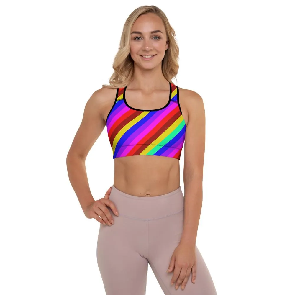 Rainbow Diagonal Stripe Sports Bra, Women's Padded Gym Fitness Bra-Made in USA/EU
