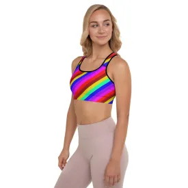Rainbow Diagonal Stripe Sports Bra, Women's Padded Gym Fitness Bra-Made in USA/EU