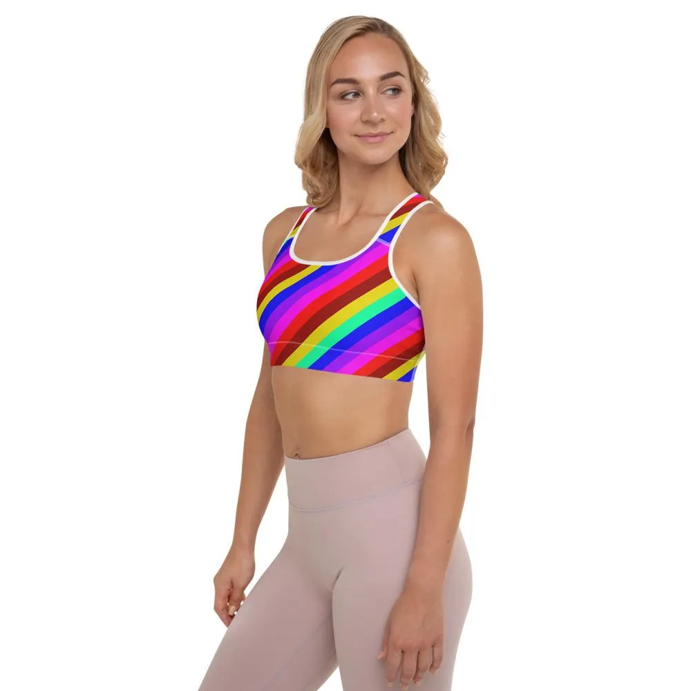 Rainbow Diagonal Stripe Sports Bra, Women's Padded Gym Fitness Bra-Made in USA/EU