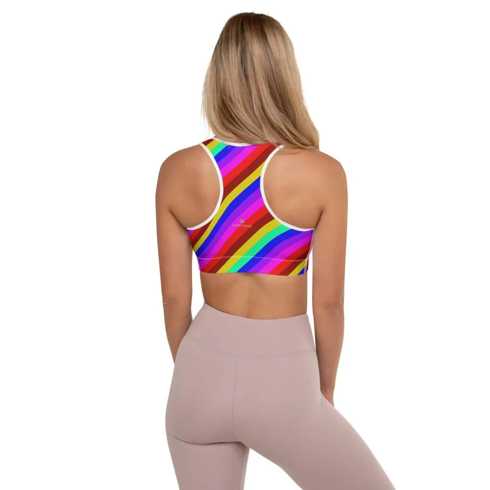Rainbow Diagonal Stripe Sports Bra, Women's Padded Gym Fitness Bra-Made in USA/EU