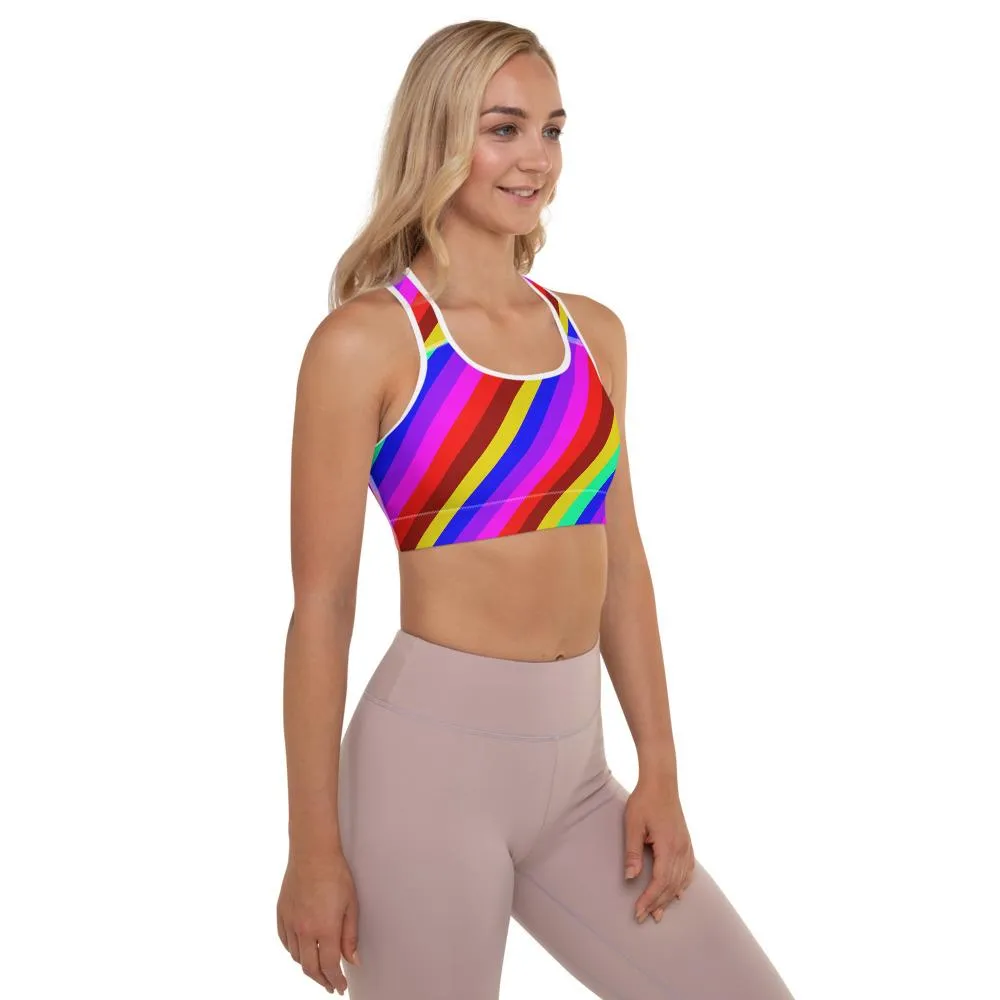 Rainbow Diagonal Stripe Sports Bra, Women's Padded Gym Fitness Bra-Made in USA/EU