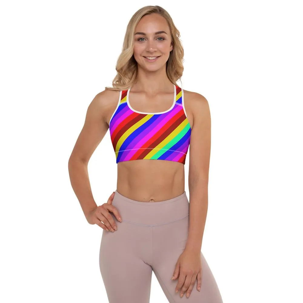 Rainbow Diagonal Stripe Sports Bra, Women's Padded Gym Fitness Bra-Made in USA/EU