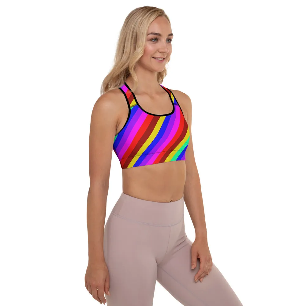 Rainbow Diagonal Stripe Sports Bra, Women's Padded Gym Fitness Bra-Made in USA/EU
