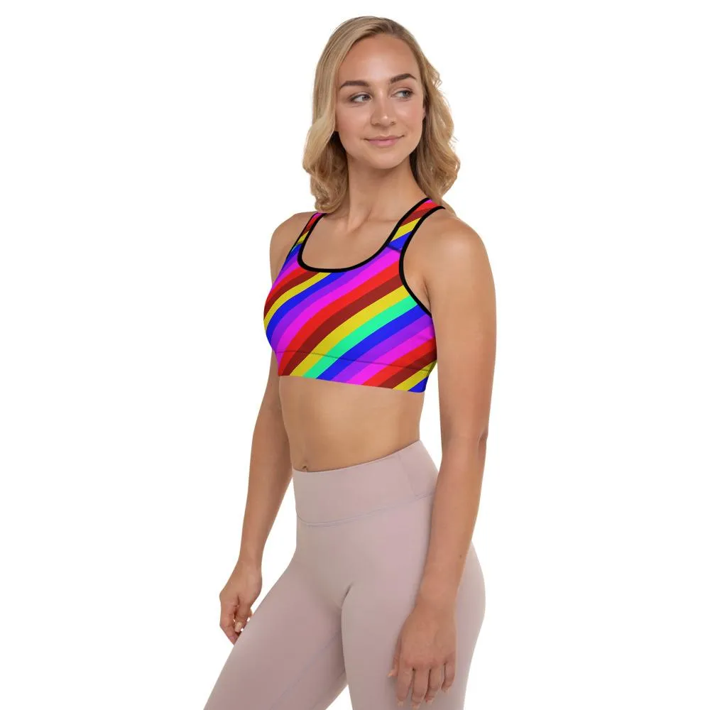 Rainbow Diagonal Stripe Sports Bra, Women's Padded Gym Fitness Bra-Made in USA/EU