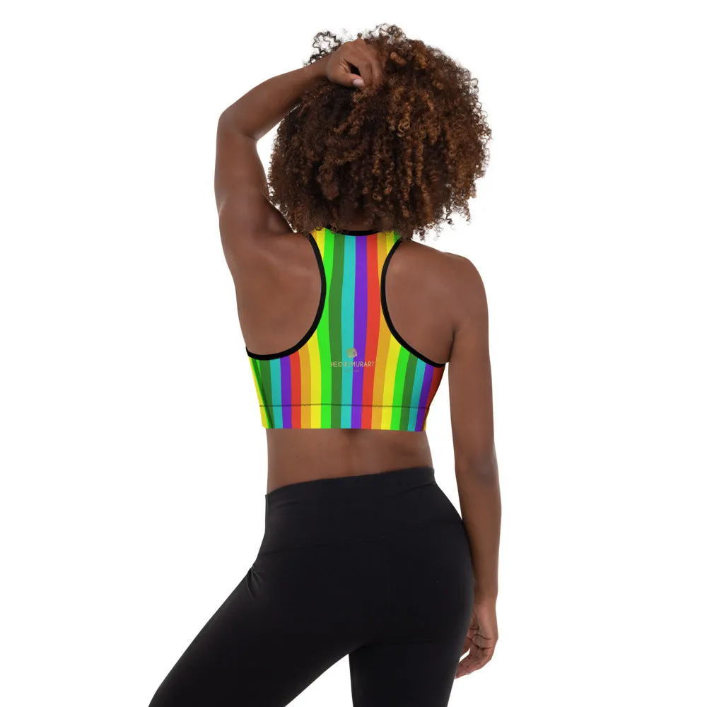 Rainbow Striped Sports Bra, Vertical Stripe Women's Padded Fitness Bra-Made in USA/EU