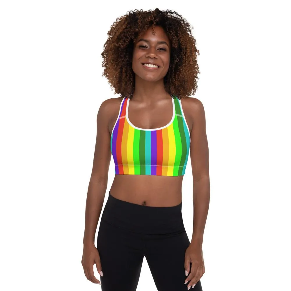 Rainbow Striped Sports Bra, Vertical Stripe Women's Padded Fitness Bra-Made in USA/EU