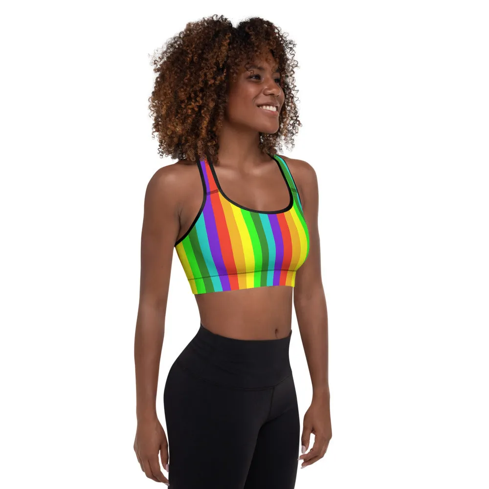 Rainbow Striped Sports Bra, Vertical Stripe Women's Padded Fitness Bra-Made in USA/EU