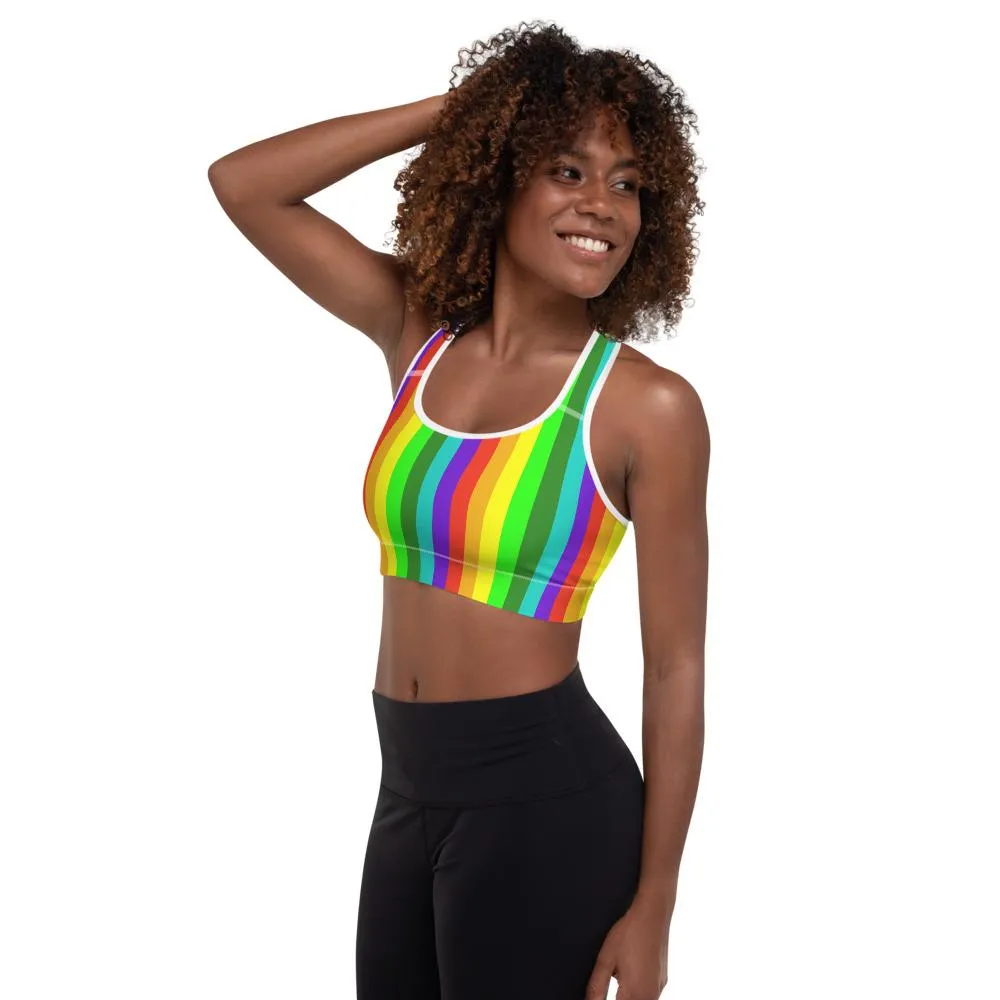 Rainbow Striped Sports Bra, Vertical Stripe Women's Padded Fitness Bra-Made in USA/EU