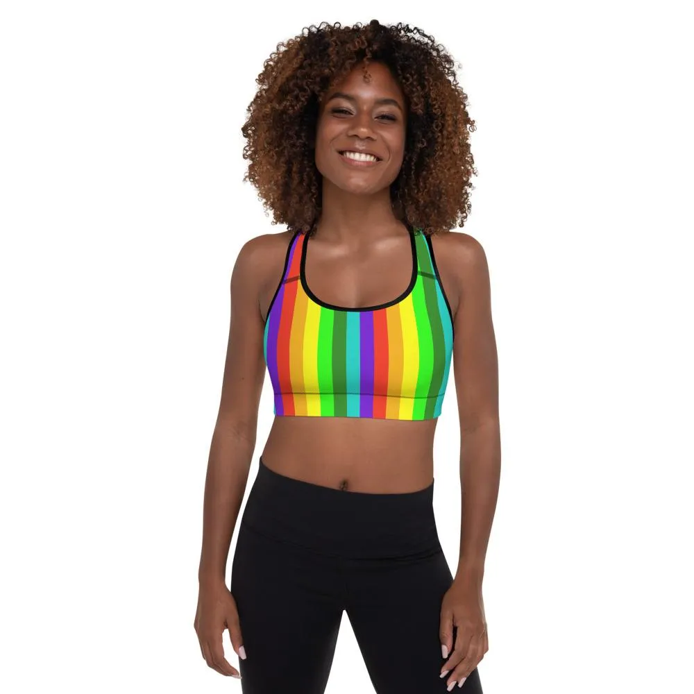 Rainbow Striped Sports Bra, Vertical Stripe Women's Padded Fitness Bra-Made in USA/EU