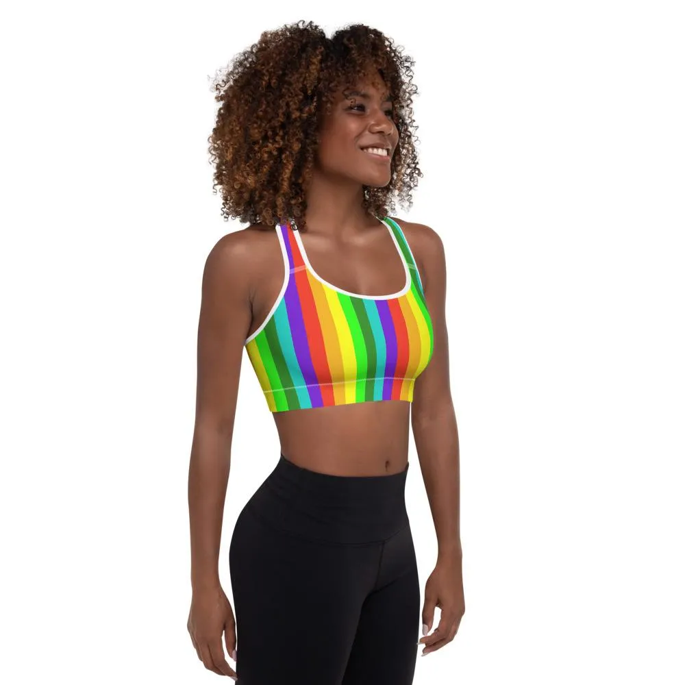 Rainbow Striped Sports Bra, Vertical Stripe Women's Padded Fitness Bra-Made in USA/EU
