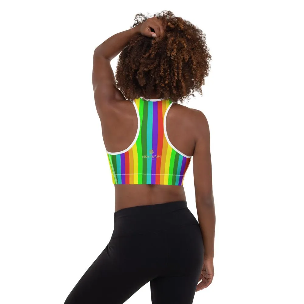 Rainbow Striped Sports Bra, Vertical Stripe Women's Padded Fitness Bra-Made in USA/EU