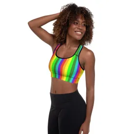 Rainbow Striped Sports Bra, Vertical Stripe Women's Padded Fitness Bra-Made in USA/EU