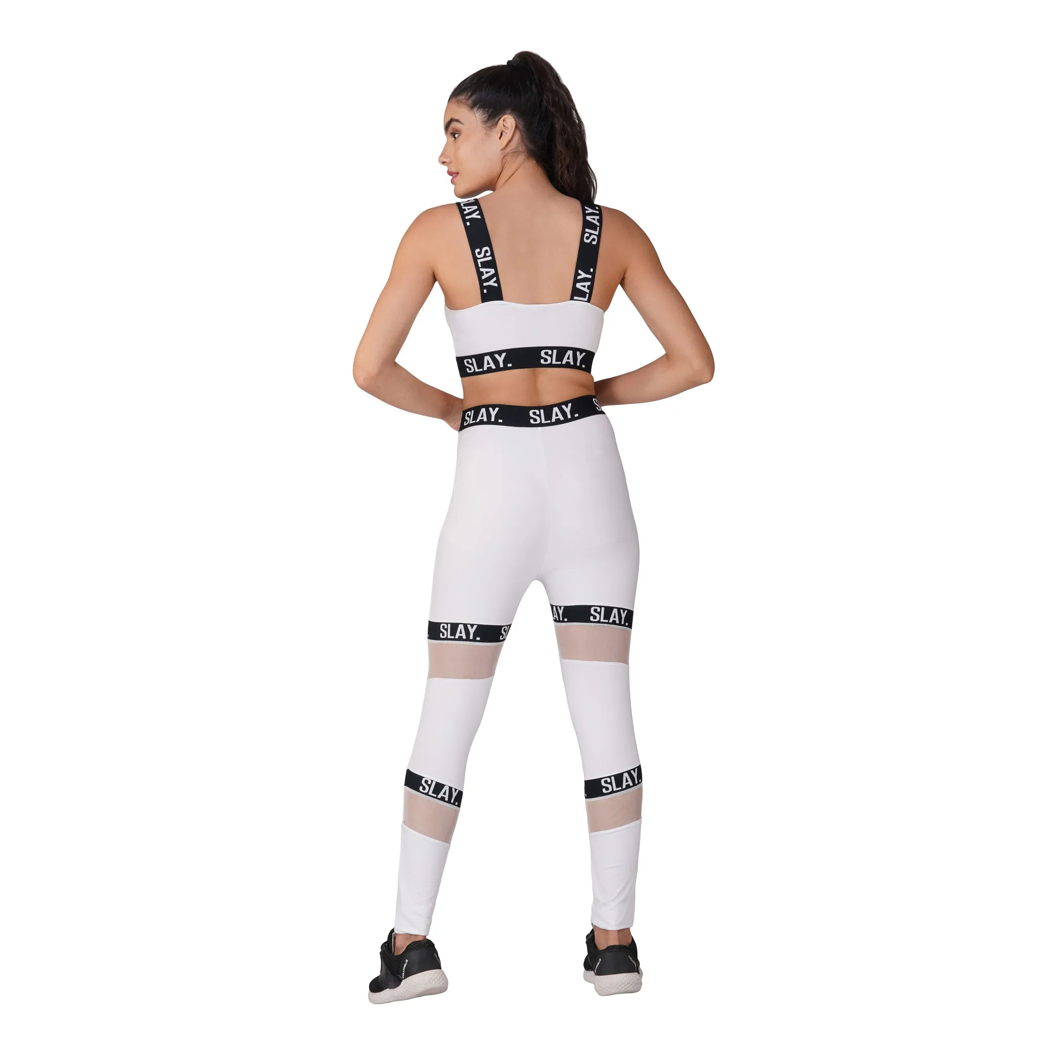 SLAY. Sport Women's Activewear Full Sleeves Crop Top And Pants Co-ord Set White