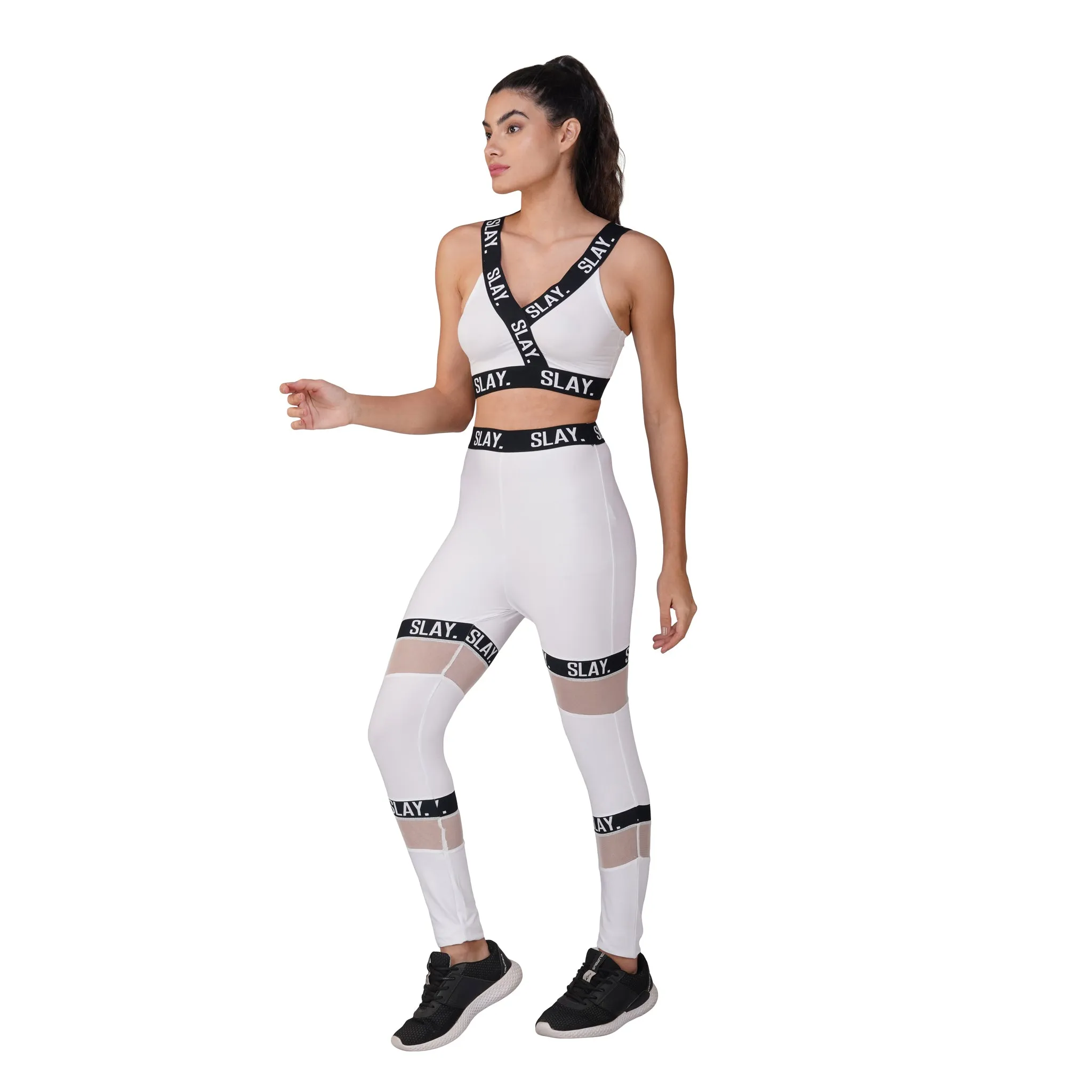 SLAY. Sport Women's Activewear Full Sleeves Crop Top And Pants Co-ord Set White