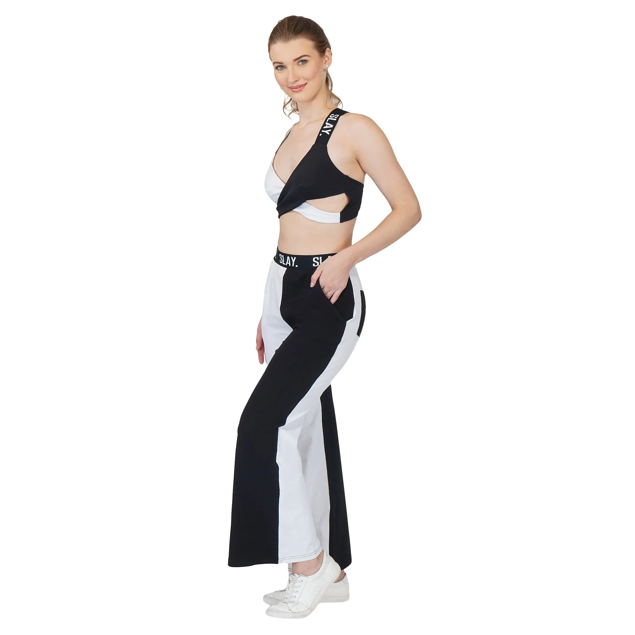 SLAY. Sport Women's Black & White Colorblock Bikini Crop Top & Pants Co-ord Set
