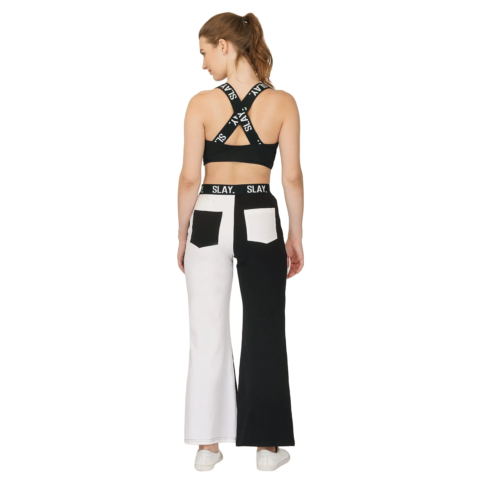 SLAY. Sport Women's Black & White Colorblock Bikini Crop Top & Pants Co-ord Set
