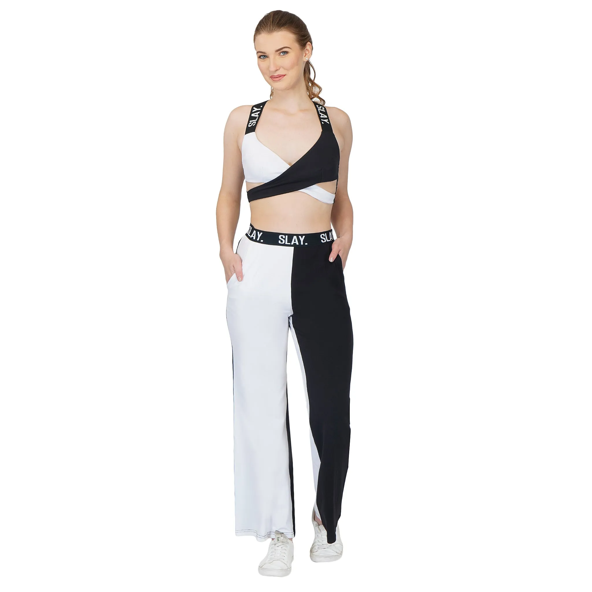 SLAY. Sport Women's Black & White Colorblock Bikini Crop Top & Pants Co-ord Set