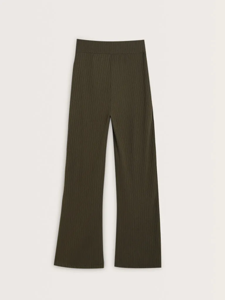 Studiofit Olive Ribbed Textured High-Rise Track Pants
