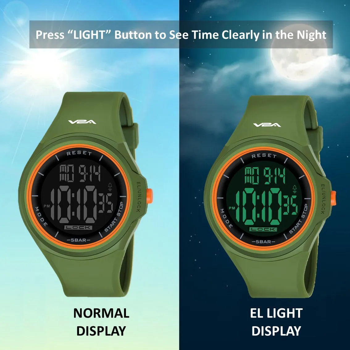 V2A Touch Controls Digital 5ATM Waterproof Unisex Sports Watch (Black Dial and Green Strap)