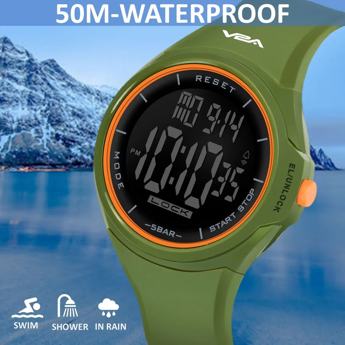V2A Touch Controls Digital 5ATM Waterproof Unisex Sports Watch (Black Dial and Green Strap)