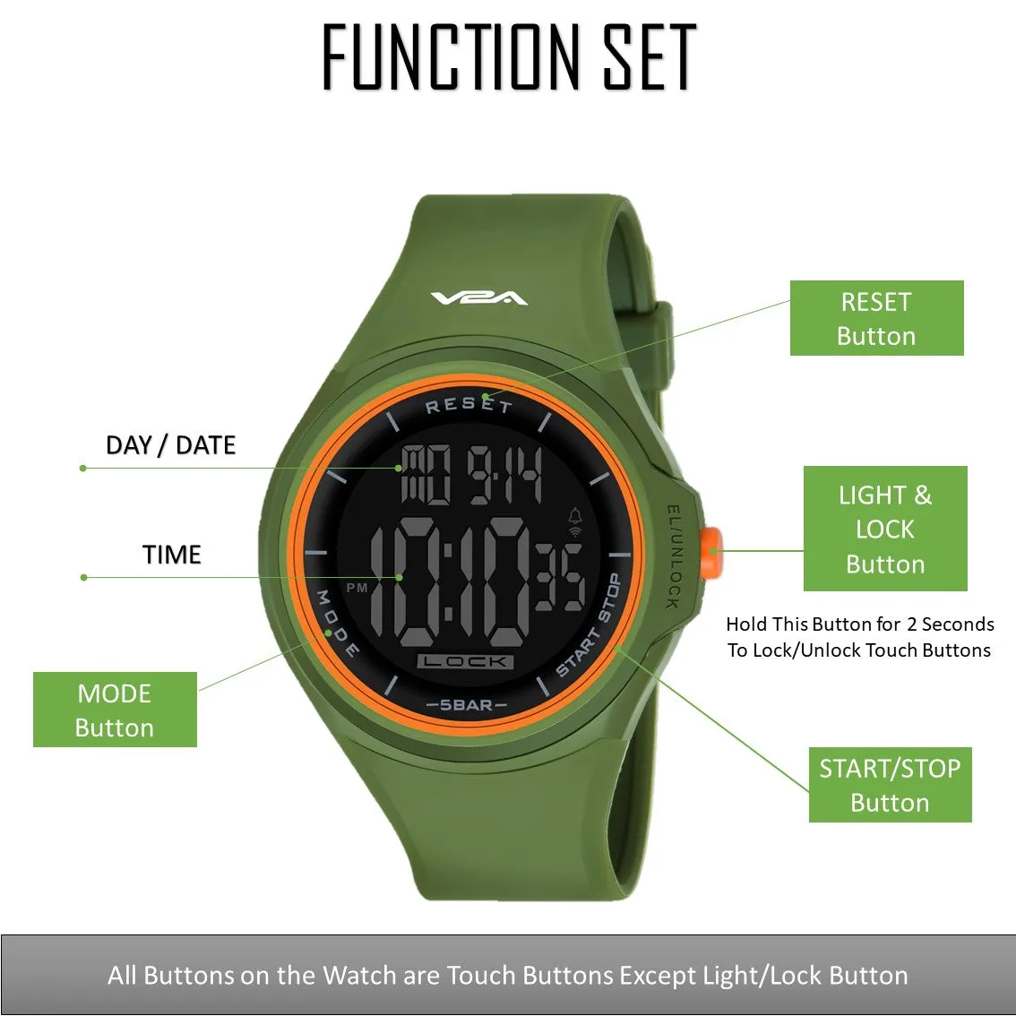 V2A Touch Controls Digital 5ATM Waterproof Unisex Sports Watch (Black Dial and Green Strap)